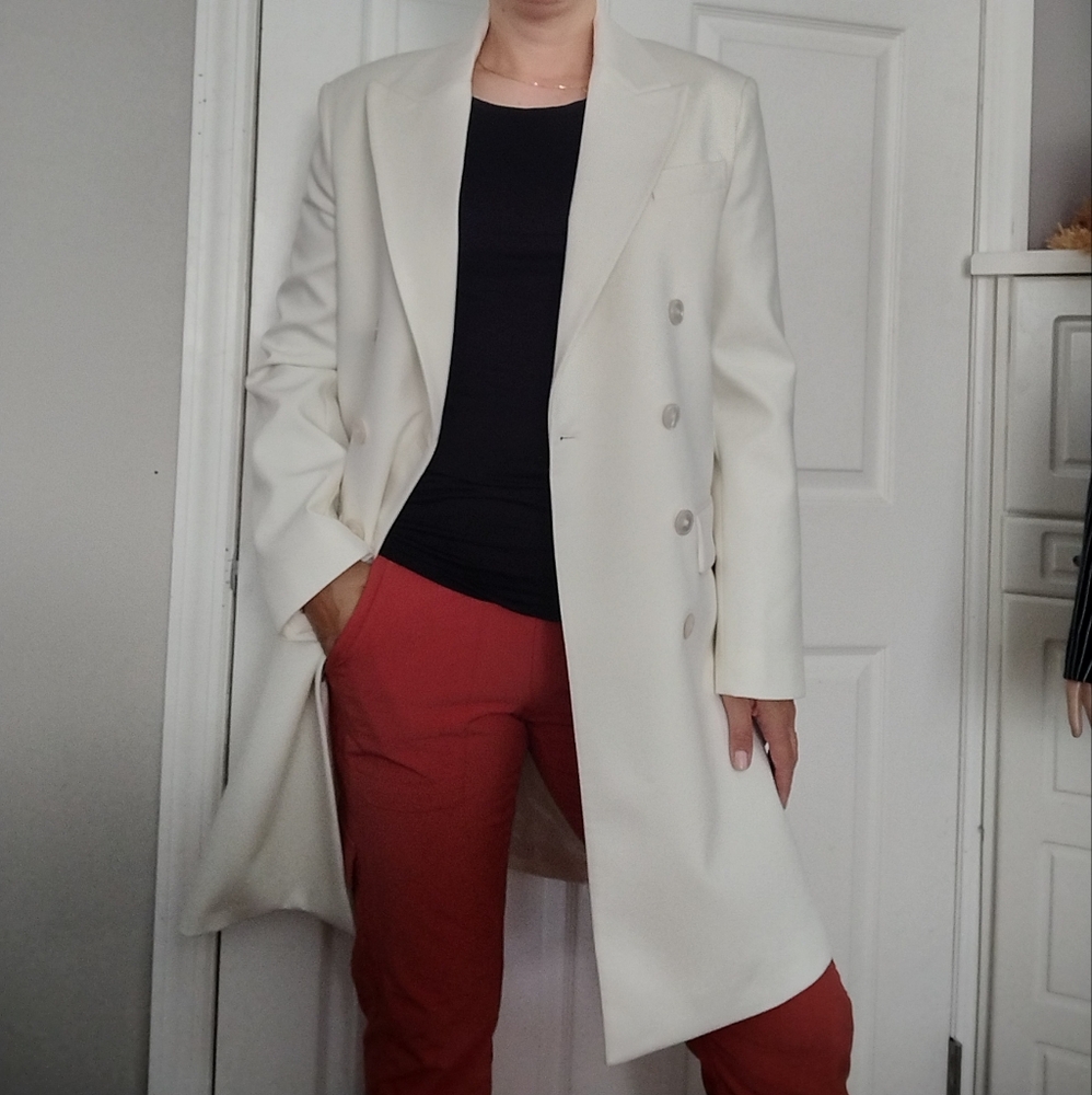 Zara Cream Double-Breasted Long Blazer Coat
